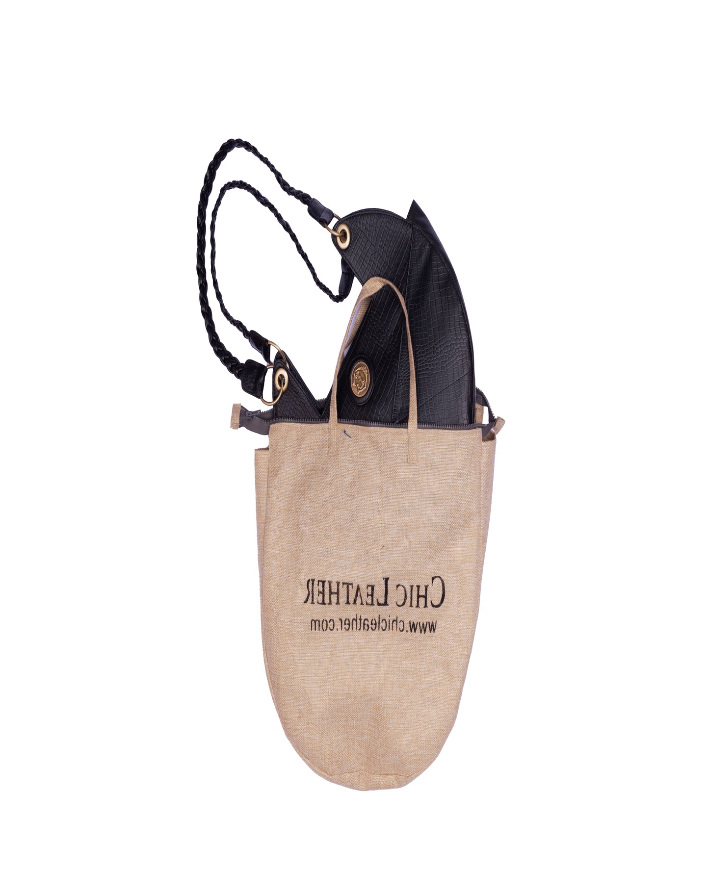 Black Leather Round Bag with Suede lining
