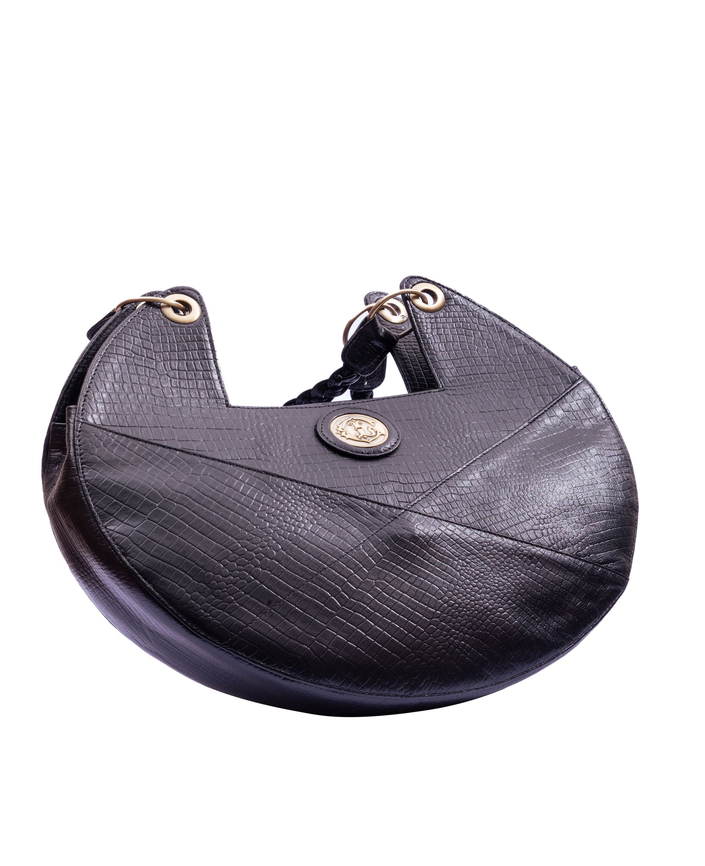 Black Leather Round Bag with Suede lining